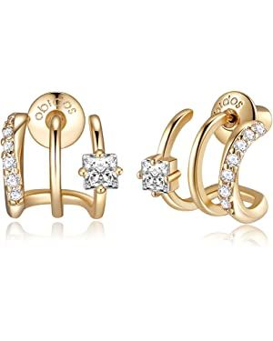 Obidos 14K Gold Plated Triple Huggie Illusion Stud Earrings | Double Huggie Hoop Earrings for One... | Amazon (US)