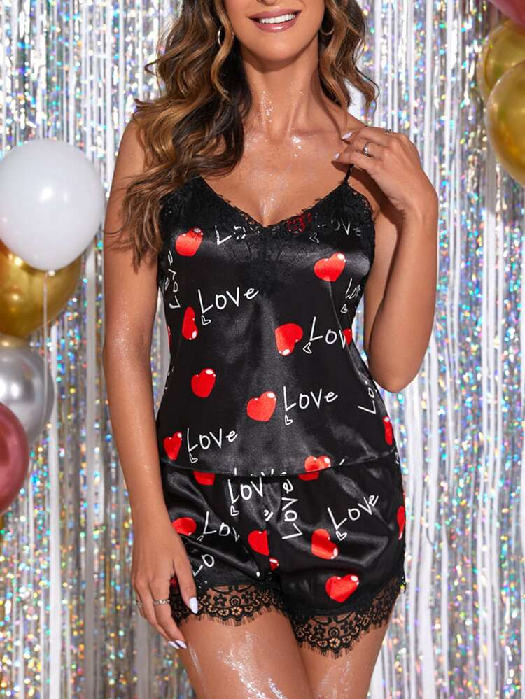 Letter & Heart Print Contrast Eyelash Lace Satin Cami PJ Set | SHEIN