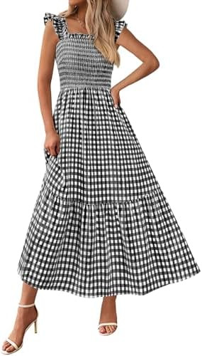 PRETTYGARDEN Womens Summer Dress Casual Square Neck Ruffle Strap Gingham Smocked Midi Flowy A Lin... | Amazon (US)