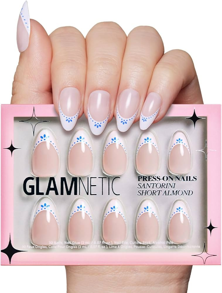 Glamnetic Press On Nails - Santorini | Semi-Transparent Blue and White French Tip Short Almond Na... | Amazon (US)