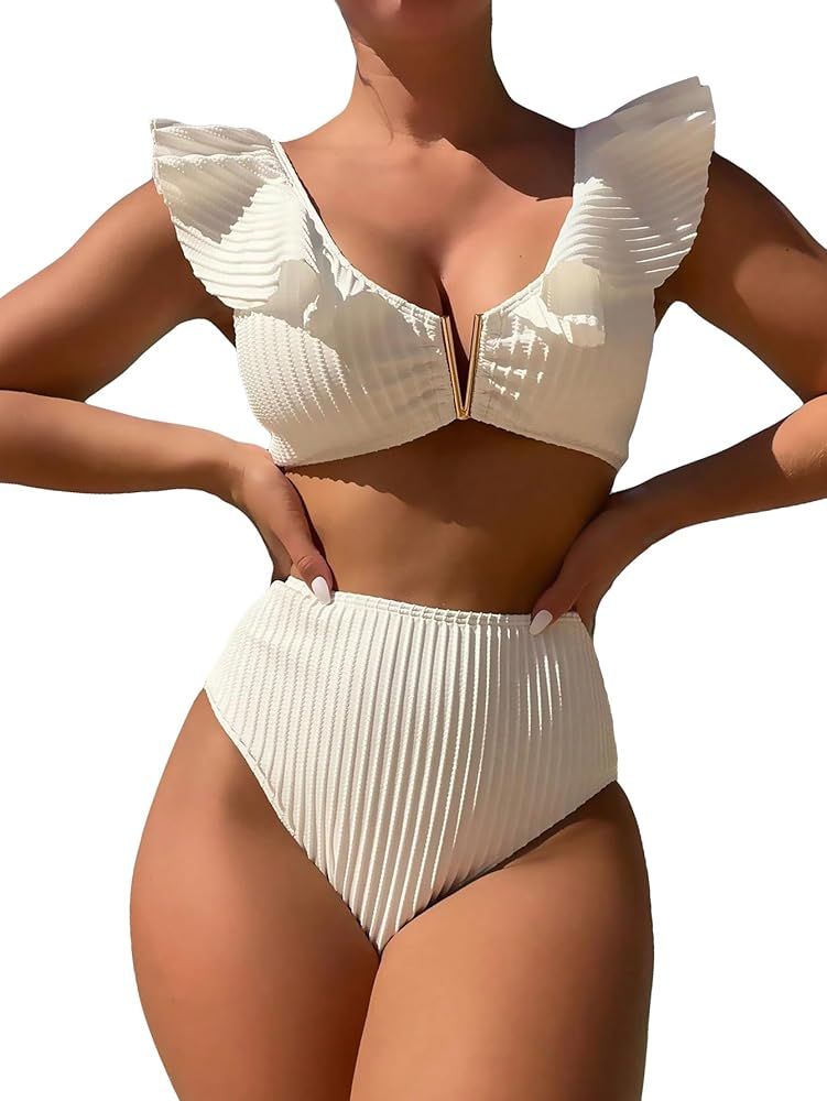 BEAUDRM Women's 2 Piece Bikini Set Cute Ruffle Trim V Neck Bikini Triangle Set High Waisted Swims... | Amazon (US)