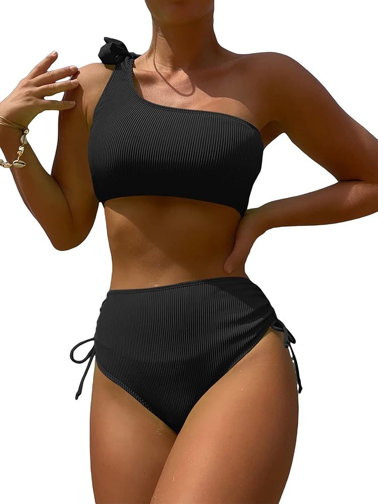 MakeMeChic Women's 2 Piece Bathing Suits Ribbed Knot One Shoulder Drawstring High Waisted Bikini ... | Amazon (US)