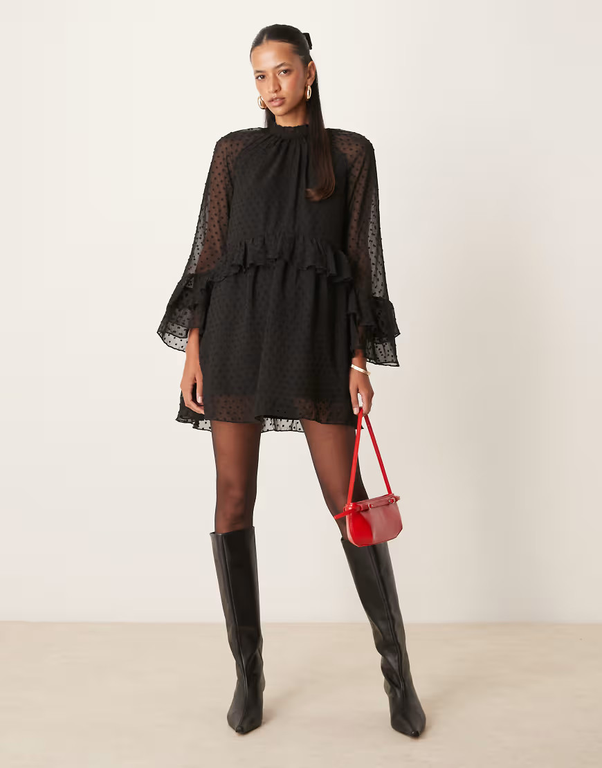New Look chiffon ruffle mini dress in black | ASOS (Global)