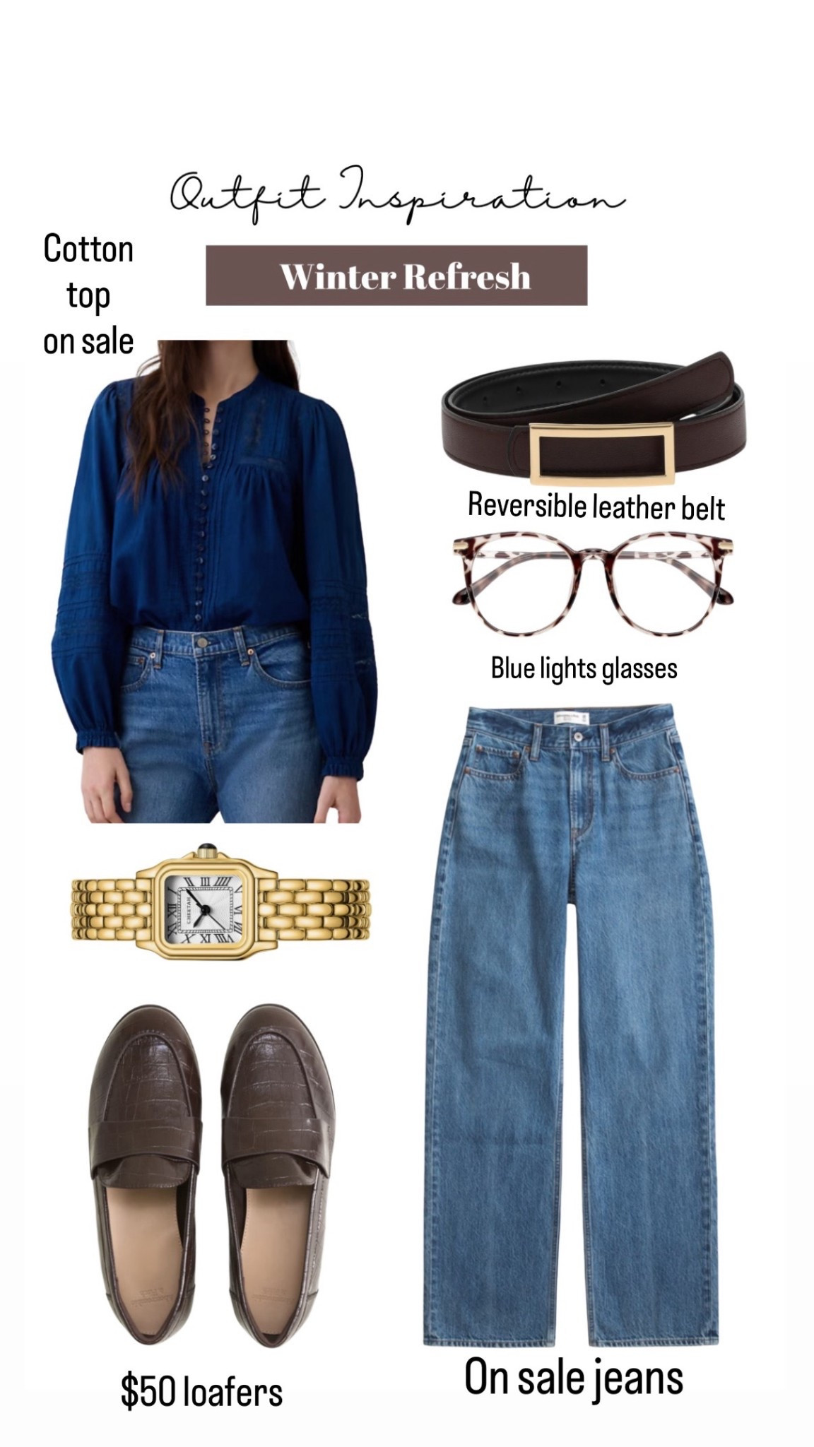 Preppy/french girl inspired outfit for January. Jeans and cotton top on sale. Loafers $50 on sale. Belt is reversible 

#LTKFindsUnder50 #LTKSaleAlert