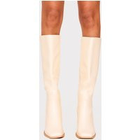 Cream Pu Wide Fit Round Toe Knee High Heeled Boots | PrettyLittleThing UK