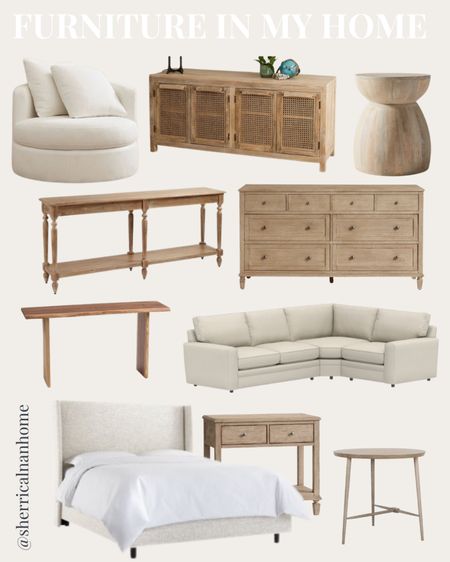 Some of my favorite furniture pieces in my home!  Upholstered bed, Pottery Barn sectional, swivel chair, nightstand, dresser, accent table, console table 

#LTKhome