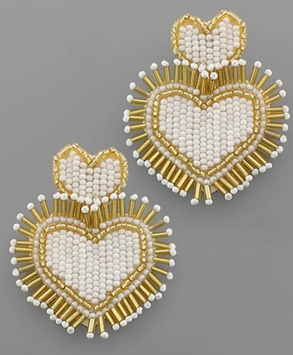 White & Gold Fringed Beaded Heart Felt Earrings | Etsy (US)