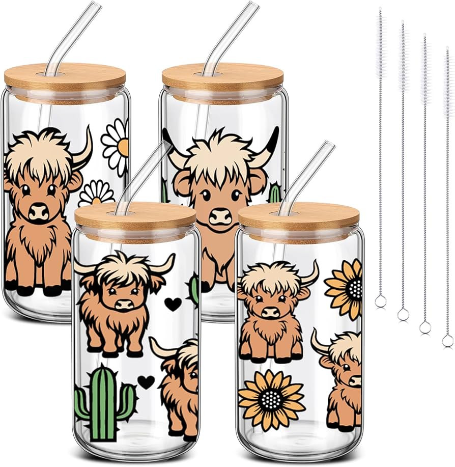 4 Pcs Highland Cow Glass Cups with Lid and Straw 16 oz Cute Cow with Flowers Drinking Glasses Cac... | Amazon (US)