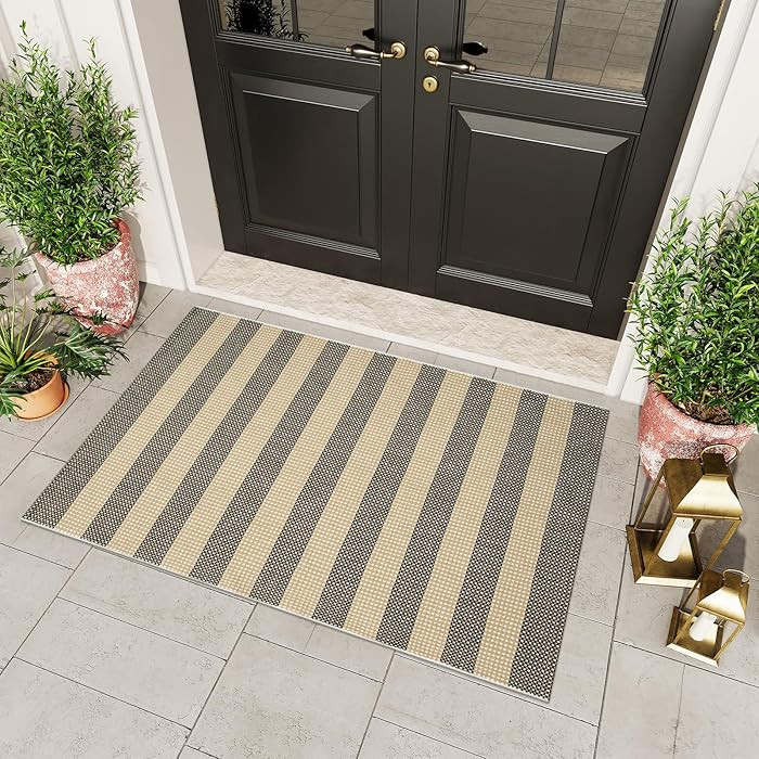 OJIA Tan Washable Outdoor Rug 3'x5', Front Door Mat Outside Entrance Cotton Woven Layered Doormat... | Amazon (US)
