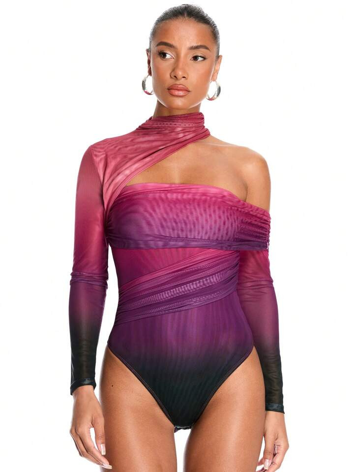 SHEIN BAE Valentine's Day Asymmetrical Off-Shoulder Gradient Printed Mesh Pleated Women's Long-Sl... | SHEIN