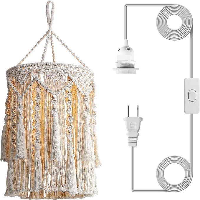 Boho Lamp Shade,Boho Hanging Lamp Handmade Macrame Lamp Shade Plug in Pendant Light,Bohemian Hang... | Amazon (US)
