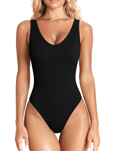 OQQ Women’s Tummy Control One Piece Swimsuit – Crinkle Textured Swimwear Full Coverage Slimming Bathing Suit Black | Amazon (US)