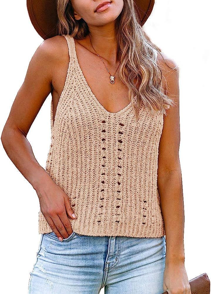 Flawerwumen Womens V Neck Tank Tops Sweater Vest Knit Sleeveless Strappy Casual Sheer Pullover Sw... | Amazon (US)