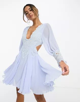ASOS DESIGN embroidered floral cutwork pleated cut out mini dress in light blue | ASOS (Global)