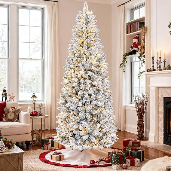 Hykolity 6 ft Prelit Snow Flocked Pencil Slim Christmas Tree, 544 PVC Branch Tips, 200 Color Chan... | Amazon (US)
