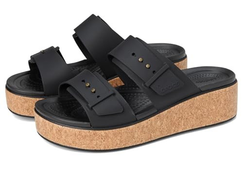 Crocs Women's Brooklyn Cork Buckle Sandals Wedge, Black, 6 | Amazon (US)