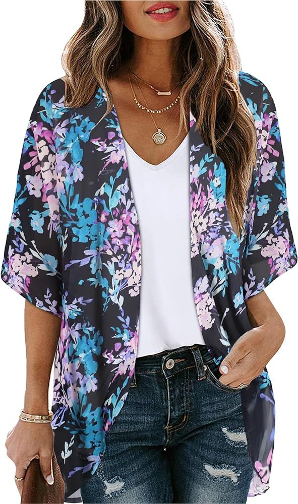 Women's Floral Print Puff Sleeve Kimono Cardigan Loose Cover Up Casual Blouse Tops | Amazon (US)