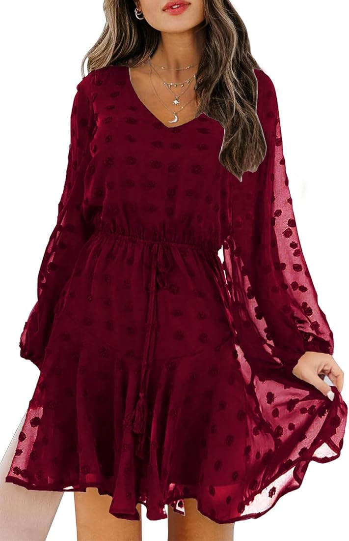 KIRUNDO Women’s Dress Long Sleeves V Neck Flowy Mini Dress Swiss Dot High Waist Chiffon Casual ... | Amazon (US)