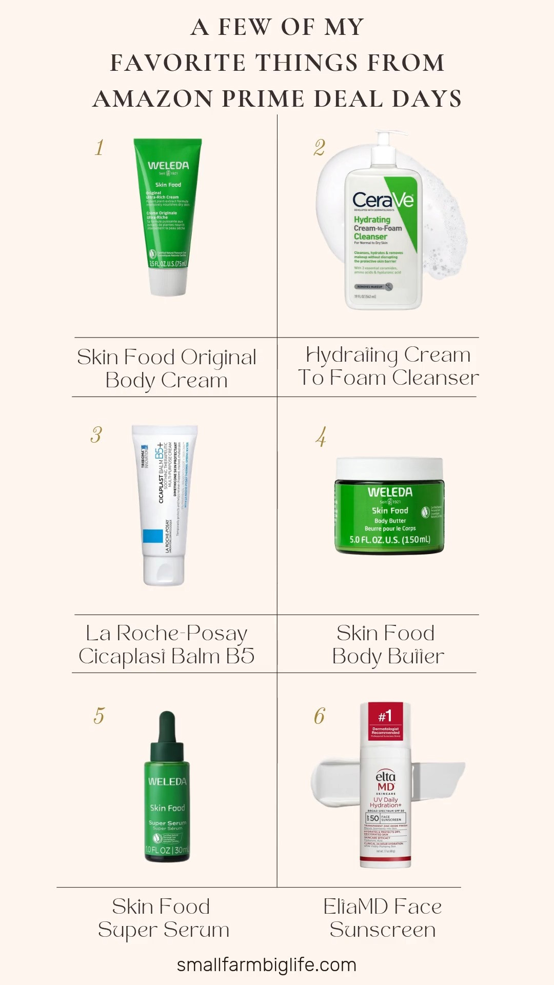 ✨ A Few of My Favorite Things From Amazon Prime Deal Days

These are the skincare favorites I use every day, and Amazon Prime Deal Days is a great time to stock up. Weleda Skin Food Original Ultra Rich Body Cream goes on my feet every night before bed, and I love how hydrated it keeps them, plus the light scent. The Weleda Skin Food Body Butter is lighter, so I use it on my elbows and hands for great hydration that isn't greasy. Weleda Skin Food Super Serum doesn't irritate my rosacea and sensitive skin, and it leaves my face feeling hydrated, not sticky. La Roche Posay Cicaplast Balm B5 is my favorite barrier repair cream for cuticles and any dry spots, and it works overnight. In the shower I use CeraVe Hydrating Cream to Foam Cleanser, a gentle face wash that takes off makeup and skincare easily and leaves my skin soft. I finish every morning with EltaMD UV Daily SPF 50, a hydrating face sunscreen that never feels sticky. Dry skin care for fall and winter, all from Amazon.

#amazonbeauty #amazonfinds #primedeals #skincareroutine #dryskin 

 #LTKOver40 #LTKSaleAlert