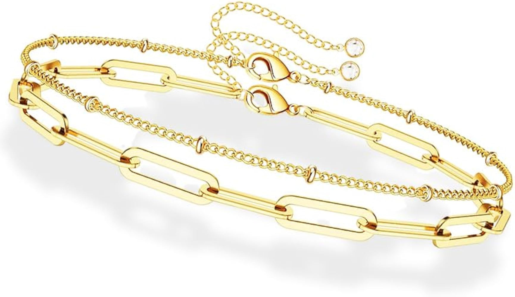 Dainty Gold Bracelets for Women, 14K Gold Filled Adjustable Layered Bracelet Cute Evil Eye Oval C... | Amazon (US)