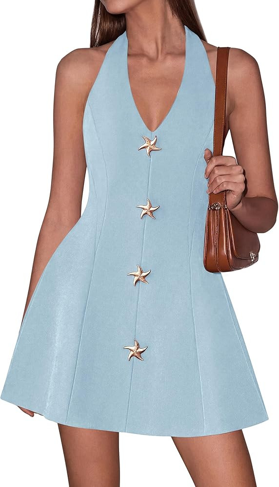 PRETTYGARDEN Summer Cocktail Dresses for Women Short 2026 Spring Halter V Neck Beach Party Backle... | Amazon (US)