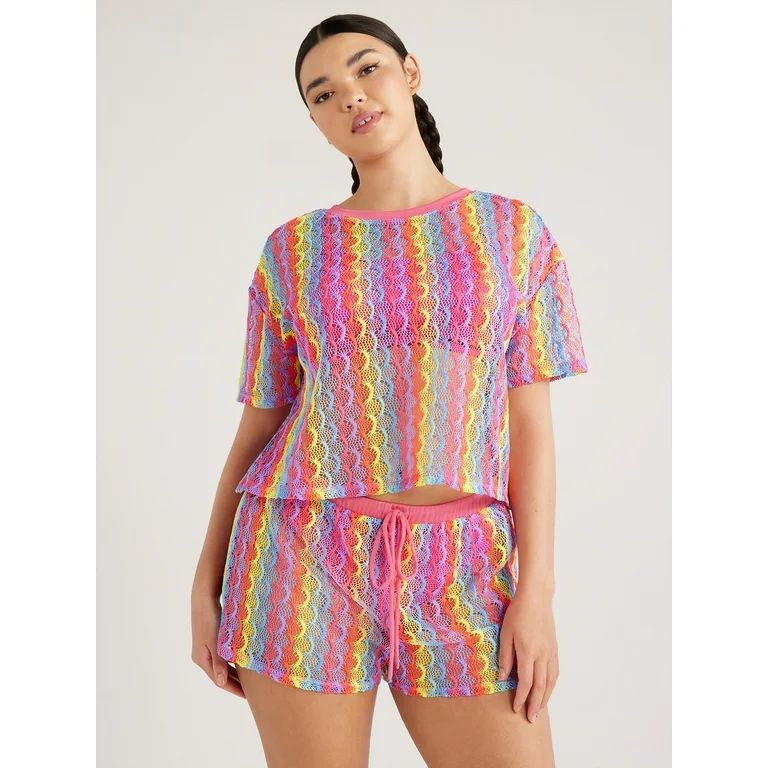 No Boundaries Juniors’ Crochet Coverup Tee with Short Sleeves, Sizes XS-XXL - Walmart.com | Walmart (US)