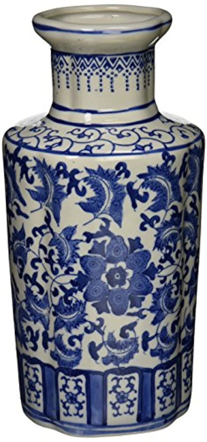 Oriental Furniture 12" Floral Blue & White Porcelain Vase | Amazon (US)