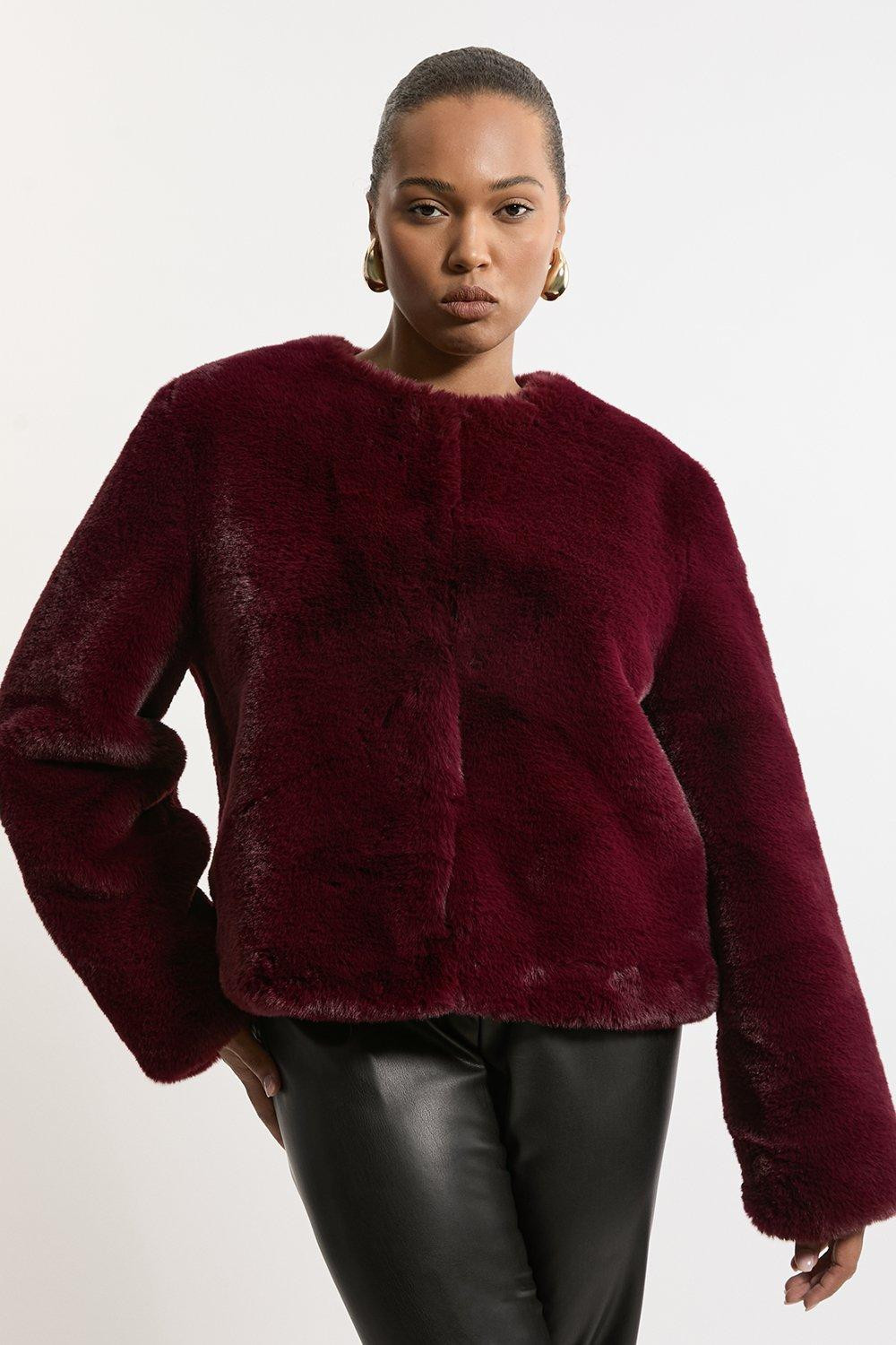 Plus Size Collarless Faux Fur Jacket | Karen Millen | Karen Millen UK + IE + DE + NL