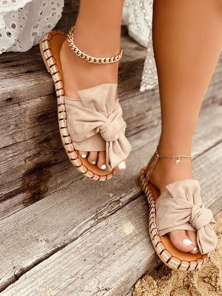 EMERY ROSE Bow Knot Decor Suede Espadrille Slide Sandals | SHEIN