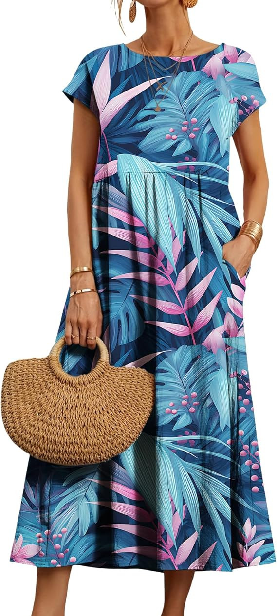 Womens Boho Tropical Print Midi Dress Short Sleeve Flowy A-Line Summer Beach Vacation Outfit with... | Amazon (US)