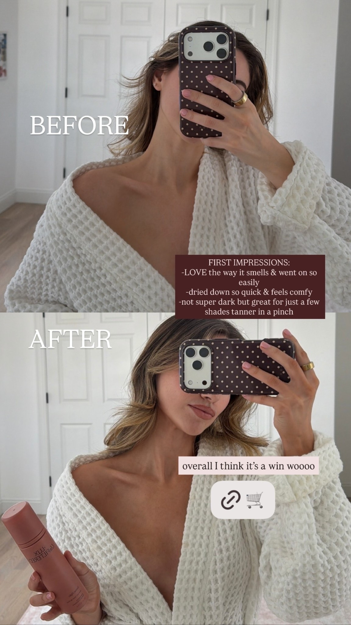 BEFORE  AFTER  FIRST IMPRESSIONS: 
-LOVE the way it smells & went on so easily 
-dried down so quick & feels comfy
-not super dark but great for just a few shades tanner in a pinch 
 overall I think it’s a win woooo

#LTKselfcare #LTKBeauty #LTKdayinmylife