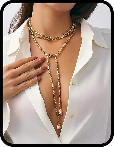 Gold Layered Lariat Necklace for Women, Adjustable Boho Beaded Choker Y Necklace with Long Tassel... | Amazon (US)