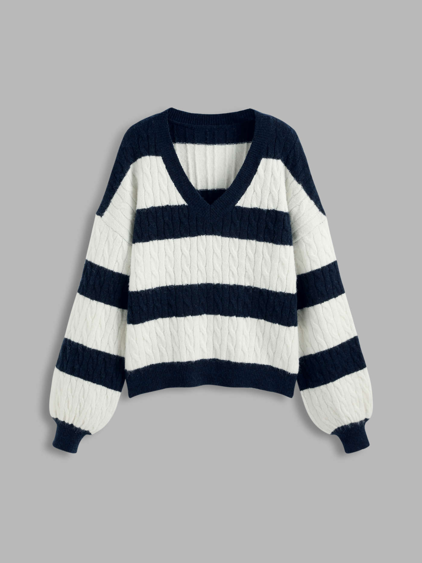 Wool-blend V-neck Cable Knit Striped Long Sleeve Sweater | Cider
