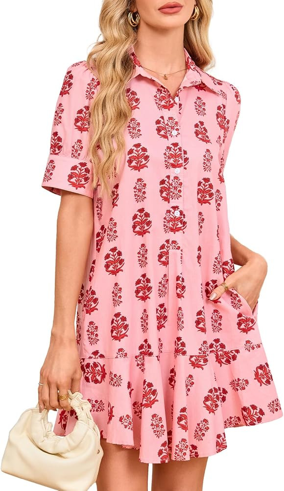 Women's Floral Mini Shirt Dress Summer Puff Short Sleeve Button Down Collared Ruffle Hem Swing Ca... | Amazon (US)
