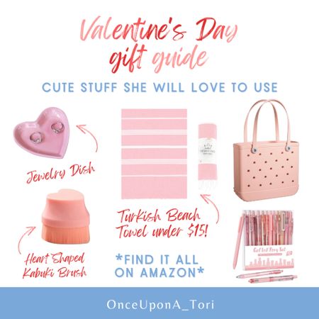 Cute Valentine’s Day gifts you know she will look forward to using! 🥰

Especially the Bogg bag, which is currently 13% off making it under $70!

Looking for a budget friendly Vday gift? Try a pastel Turkish beach towel. They are lightweight and thin, perfect for a spontaneous beach day! 

A pack of pink pastel ink pens are always thoughtful. The ones linked are black gel and come with a highlighter. 

Every chick needs a bedside jewelry dish, why not make it a cute heart shaped one? Great for placing wedding rings in while you’re sleeping. 

The heart shaped kabuki brush is also a lovely little upgrade to a boring foundation brush. 

#LTKFind #LTKSeasonal #LTKGiftGuide