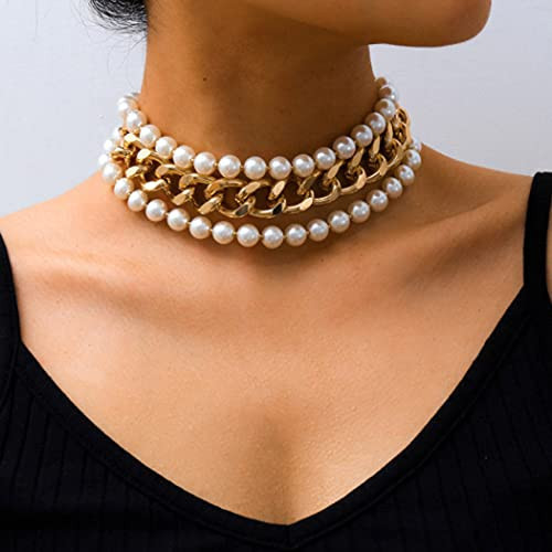 CLOACE Layered Pearl Choker Necklace Gold Chunky Link Chain Necklaces Thick Necklaces Punk Jewelry for Women(Gold Layered Chain) | Amazon (US)