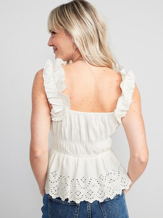 Sleeveless Waist-Defined Ruffle-Trimmed Embroidered Babydoll Blouse for Women | Old Navy (US)