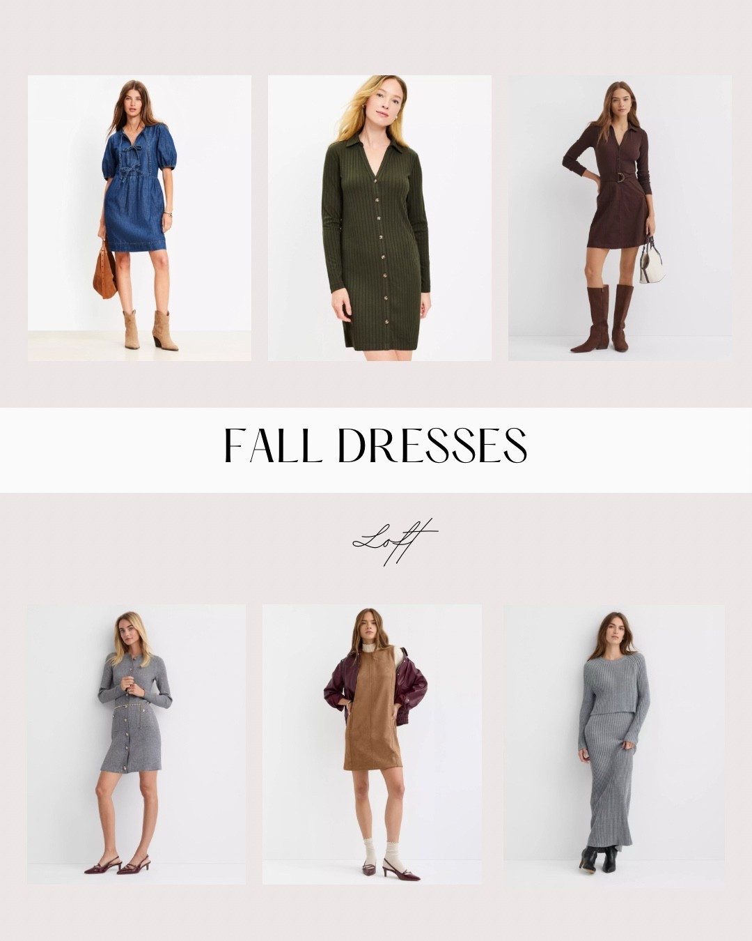 LOFT fall dresses 🤎 // bow jean dress, green sweater dress, gray button up sweater dress, sweater dress set 

#LTKFallSale #LTKFindsUnder100 #LTKSeasonal