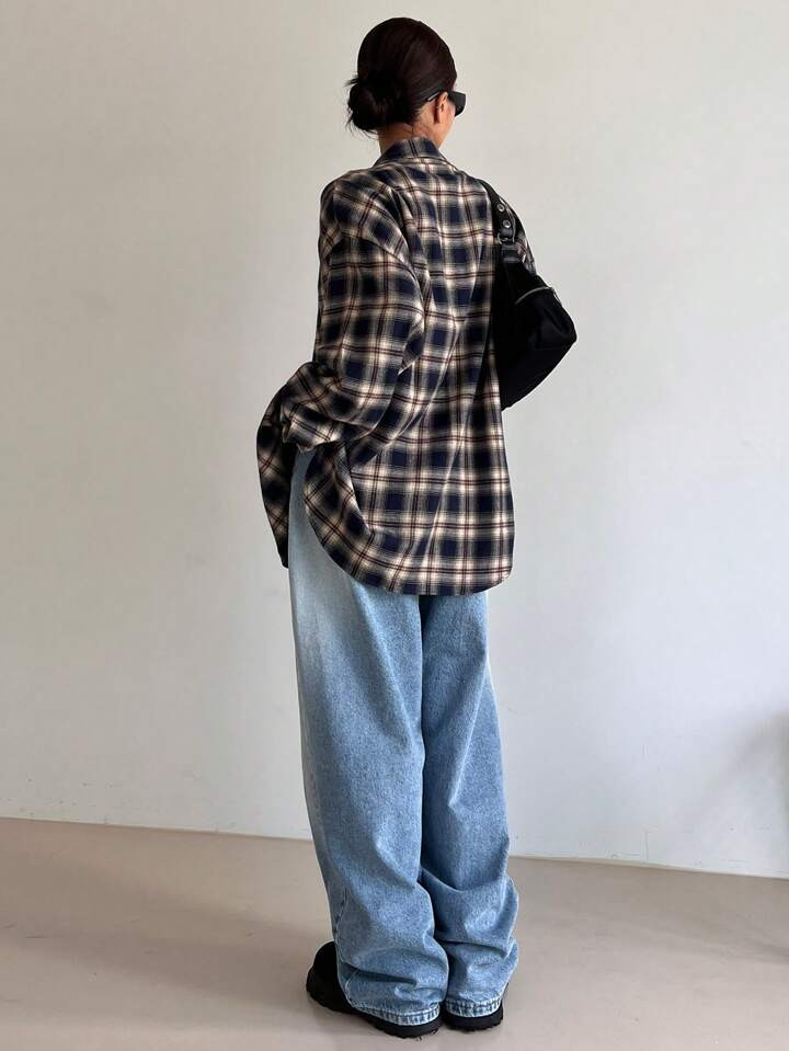 DAZY Plaid Print Drop Shoulder Shirt, Ladies Casual Button, Pocket Long Sleeve Collar Loose Regul... | SHEIN