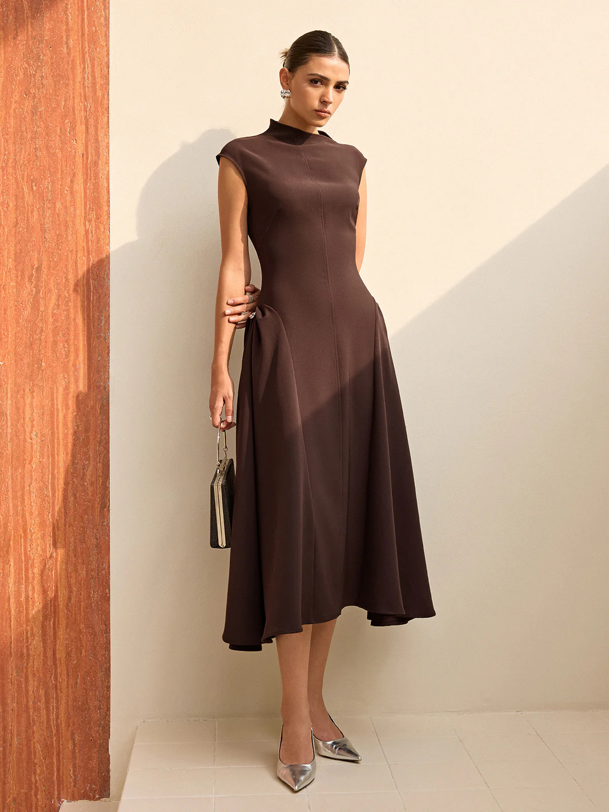 Asymmetrical Neck Cap Sleeve Maxi Dress | Commense
