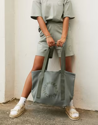 ASOS Weekend Collective canvas tote bag in sage | ASOS (Global)