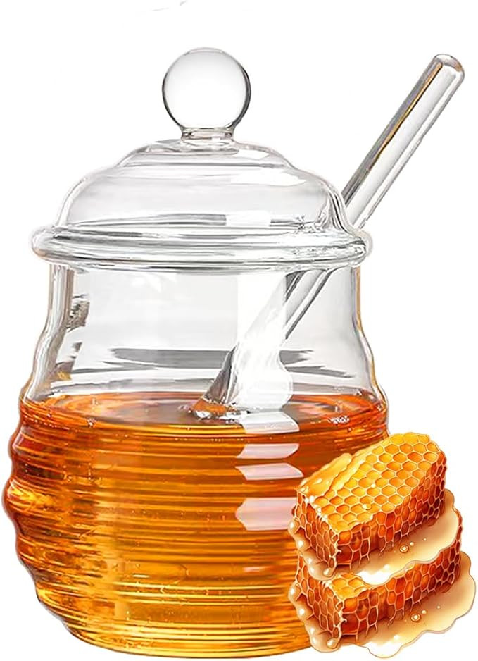 Glass Honey Jar with Dipper and Lid, 10 oz Heat Resistant Honey Pot, Honey Diapenser Container fo... | Amazon (US)