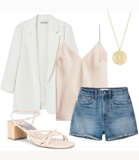 White blazer, pink camisole, denim shorts, sandals 

#LTKover40 #LTKstyletip #LTKshoecrush