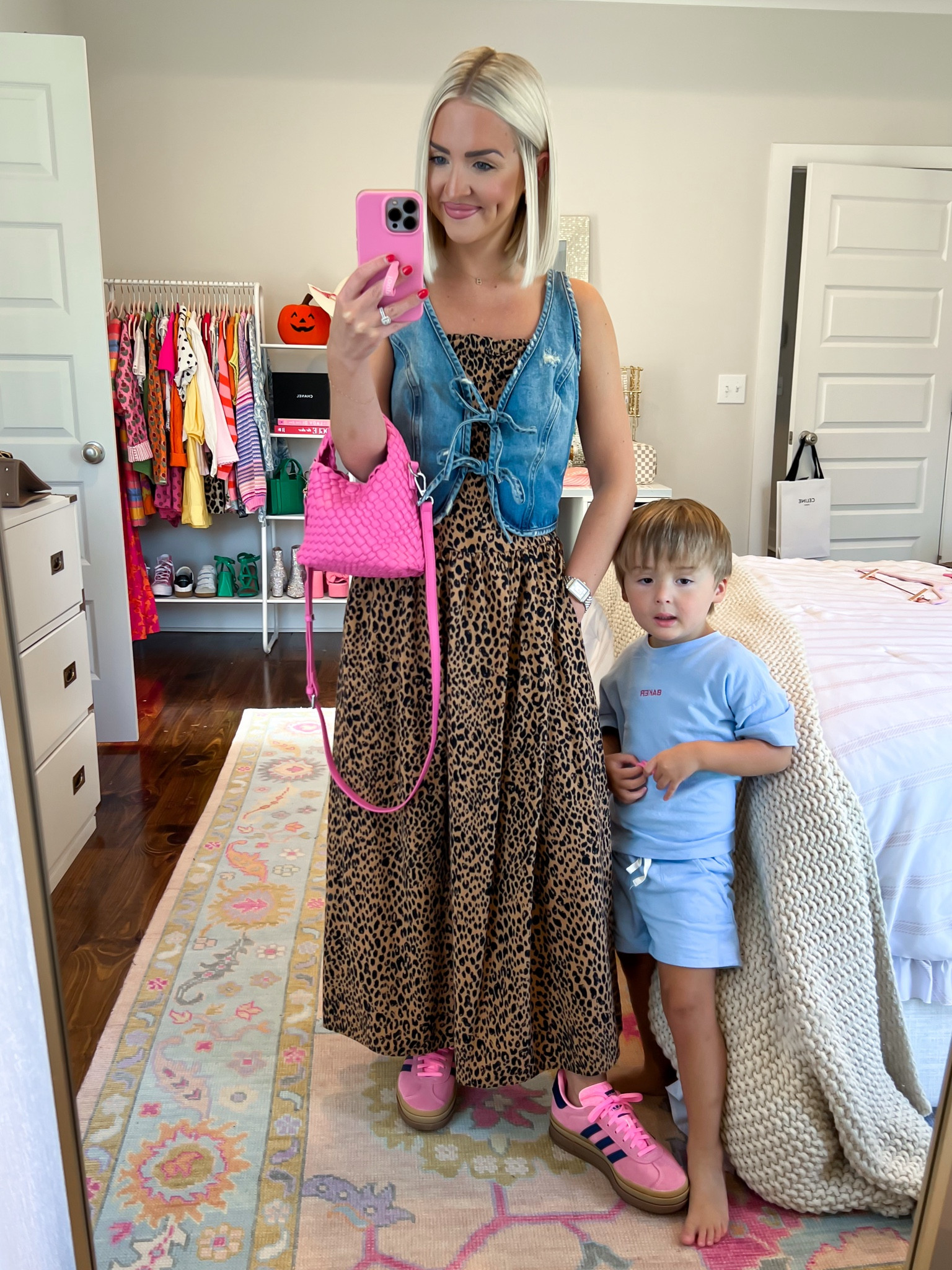 Leopard midi dress / denim vest with ties / pink adidas outfit / pink bubblegum adidas sneakers outfit / pink and leopard print 
Size: XS in both 

#LTKBacktoSchool #LTKU