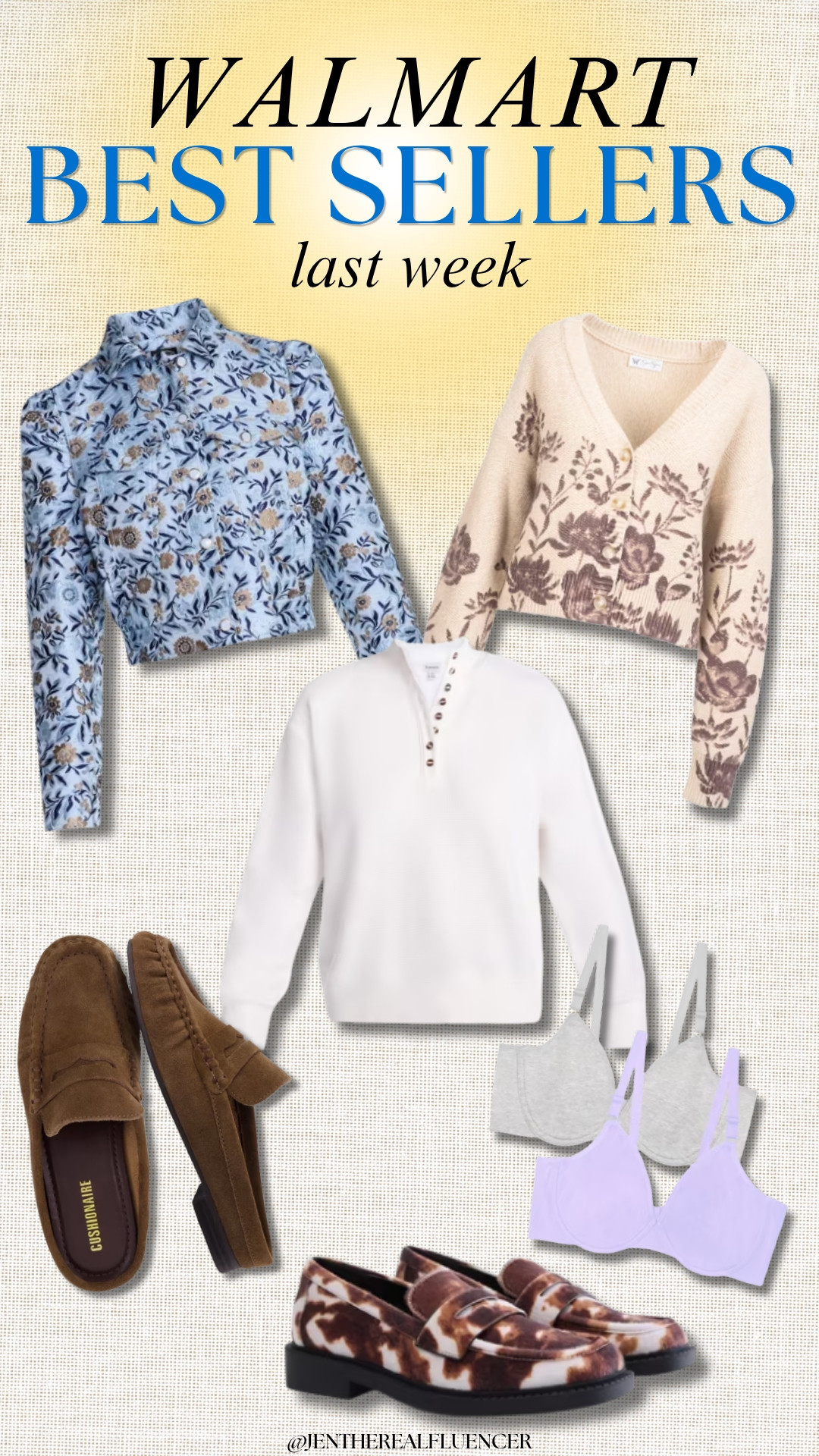 Top Purchases Last Week at WALMART✨

SCOOP Cropped Trucker Jacket with Puff Sleeves (2 colors, sizes XS-4X), JESSICA SIMPSON Huckleberry  Savana Cardigan (sizes XS-XL), SCENARIO Waffle Knit Button Top (5 colors, sizes XS-4X), CUSHIONAIRE Brown Suede Loafer Mules, FRUIT OF THE LOOM 2pk Unlined Underwire Cotton Extreme Comfort Bras (5 colorways, sizes S-L+), MADDEN NYC Multi Slip On Loafers (3 colors sizes 6-11) 

 #LTKMidsize #LTKWorkwear #LTKTravel