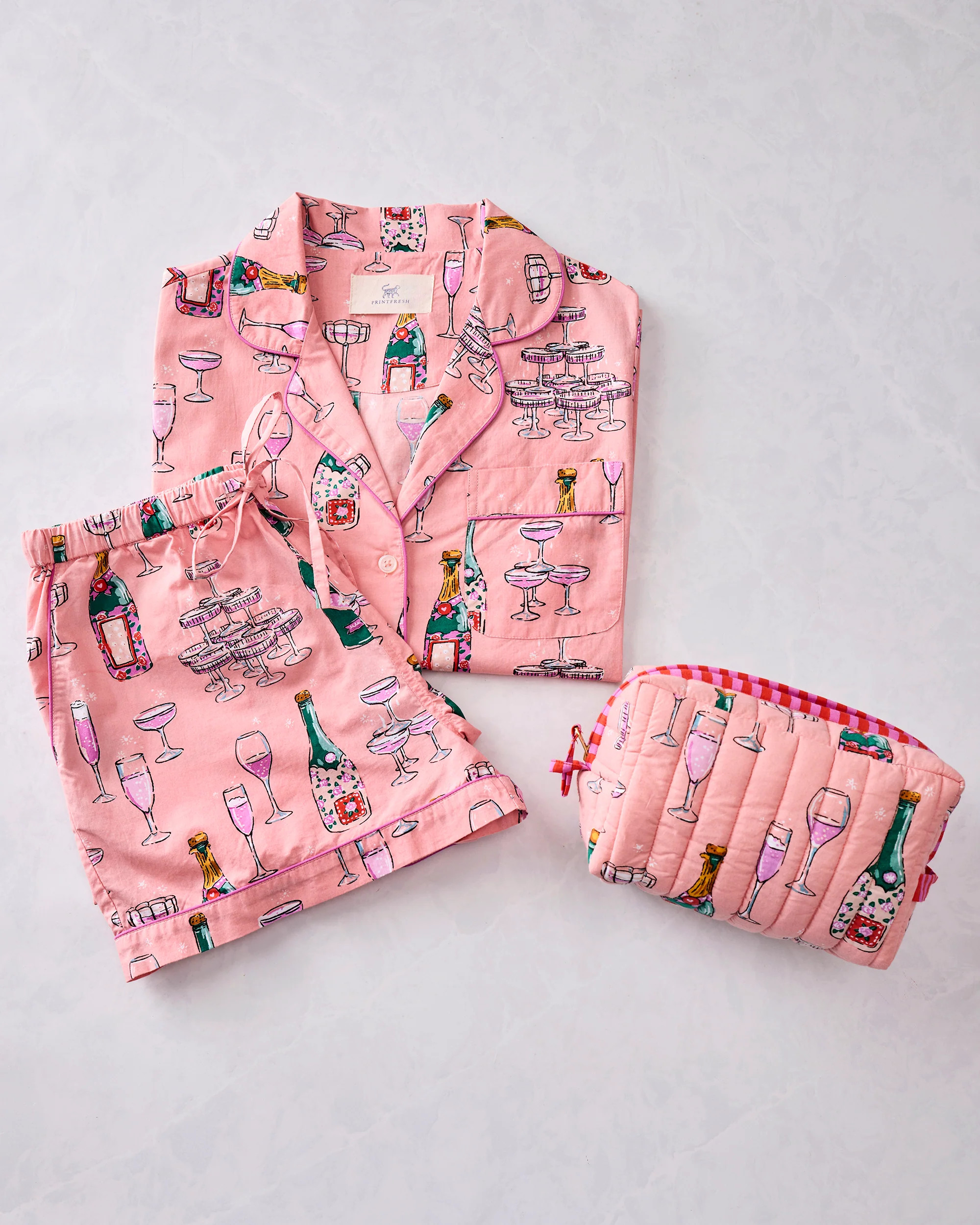 Champagne Tower - Short PJ Set & Quilted Pouch Bundle - Peach Fizz | Printfresh