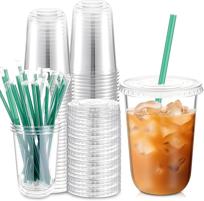 Baderke 25 Set Plastic Cups with Lids and Straws, Disposable Plastic Iced Coffee Cup for Cold Bev... | Amazon (US)