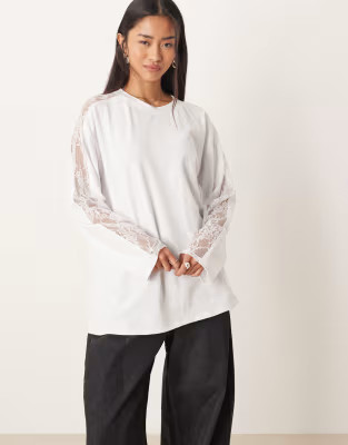 ASOS DESIGN lace panel long sleeve tee in white | ASOS (Global)