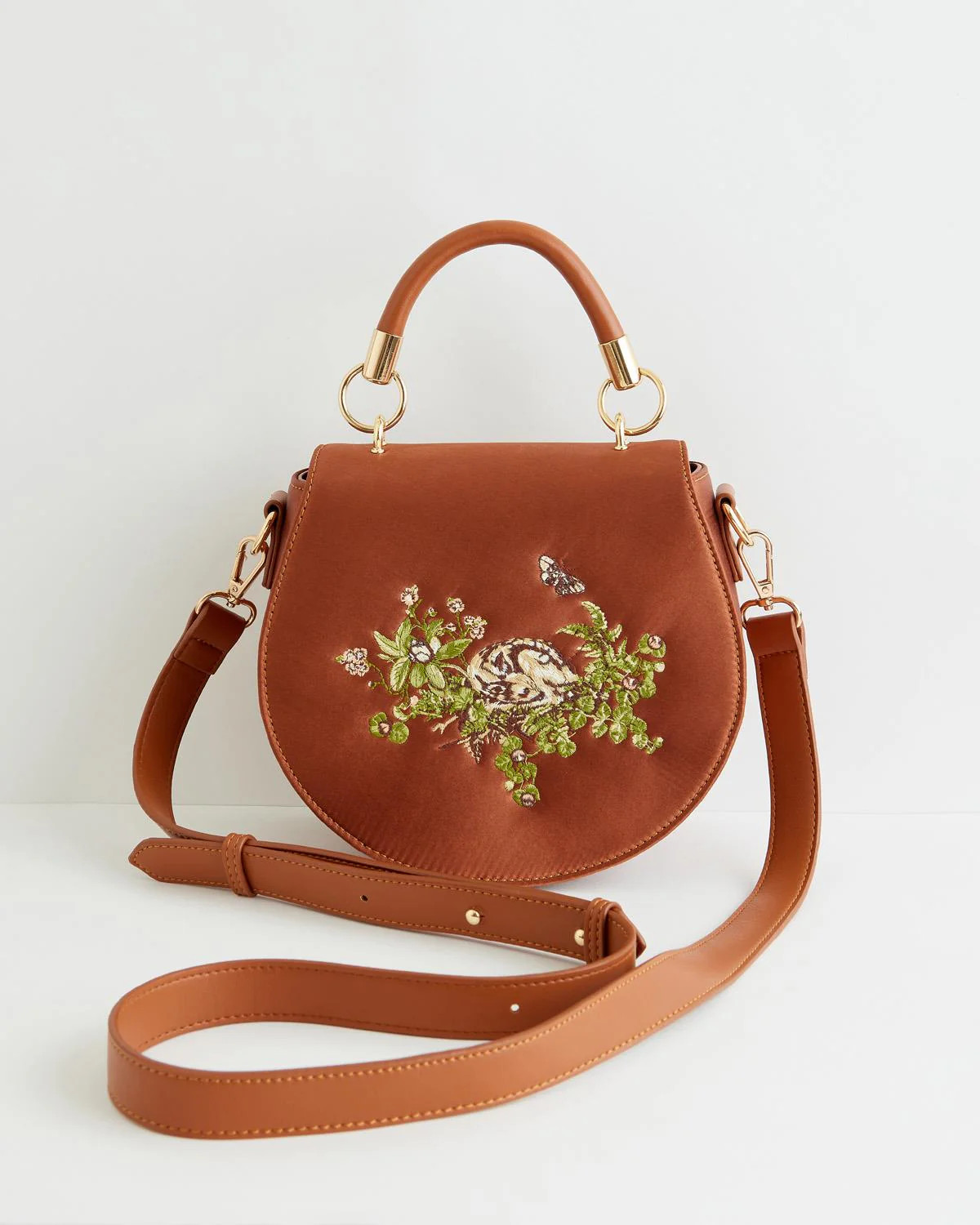 Sleepy Fawn Embroidered Satin Saddle Bag | Fable England