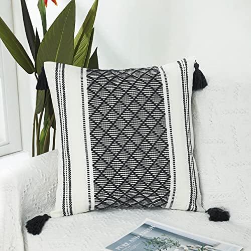 Bohemian Throw Pillow Cover with Tassels 20x20 Inches, Color: Cream & Black | Decorative Designer Bo | Amazon (US)